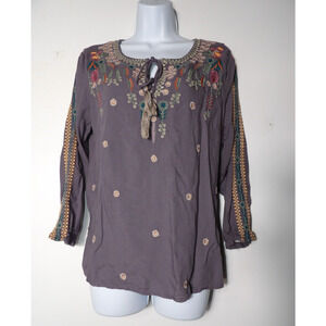 Solitaire Tunic Blouse Womens Large Gray Embroidered Boho Hippie Tassel Keyhole